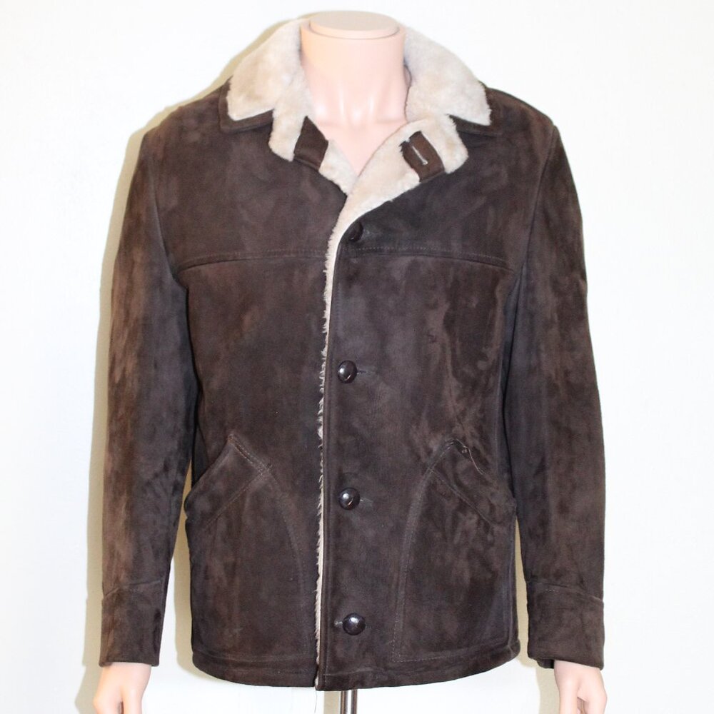 Vtg 70s Montgomery Ward Canada Brown Faux Suede Fur Lined Button Jacket Men's 42